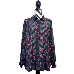 Lane Bryant Dark Floral Romantic Sz 14/16 Button Down Front Long-Sleeve Blouse